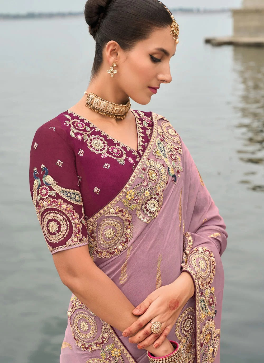 Elegant lavender embroidered tissue silk saree