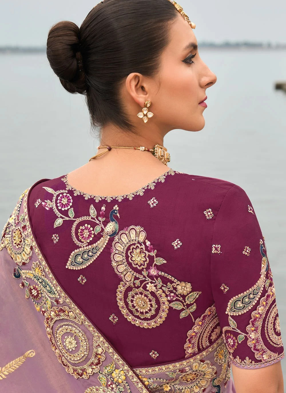 Elegant lavender embroidered tissue silk saree