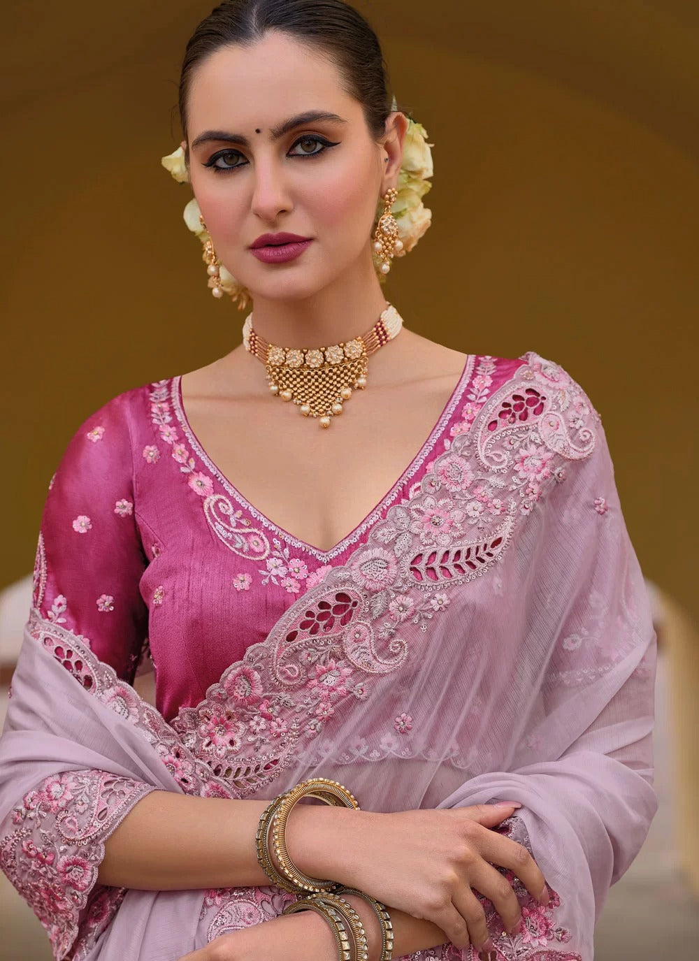 Lavender fancy organza silk saree with stone embroidery cutwork border