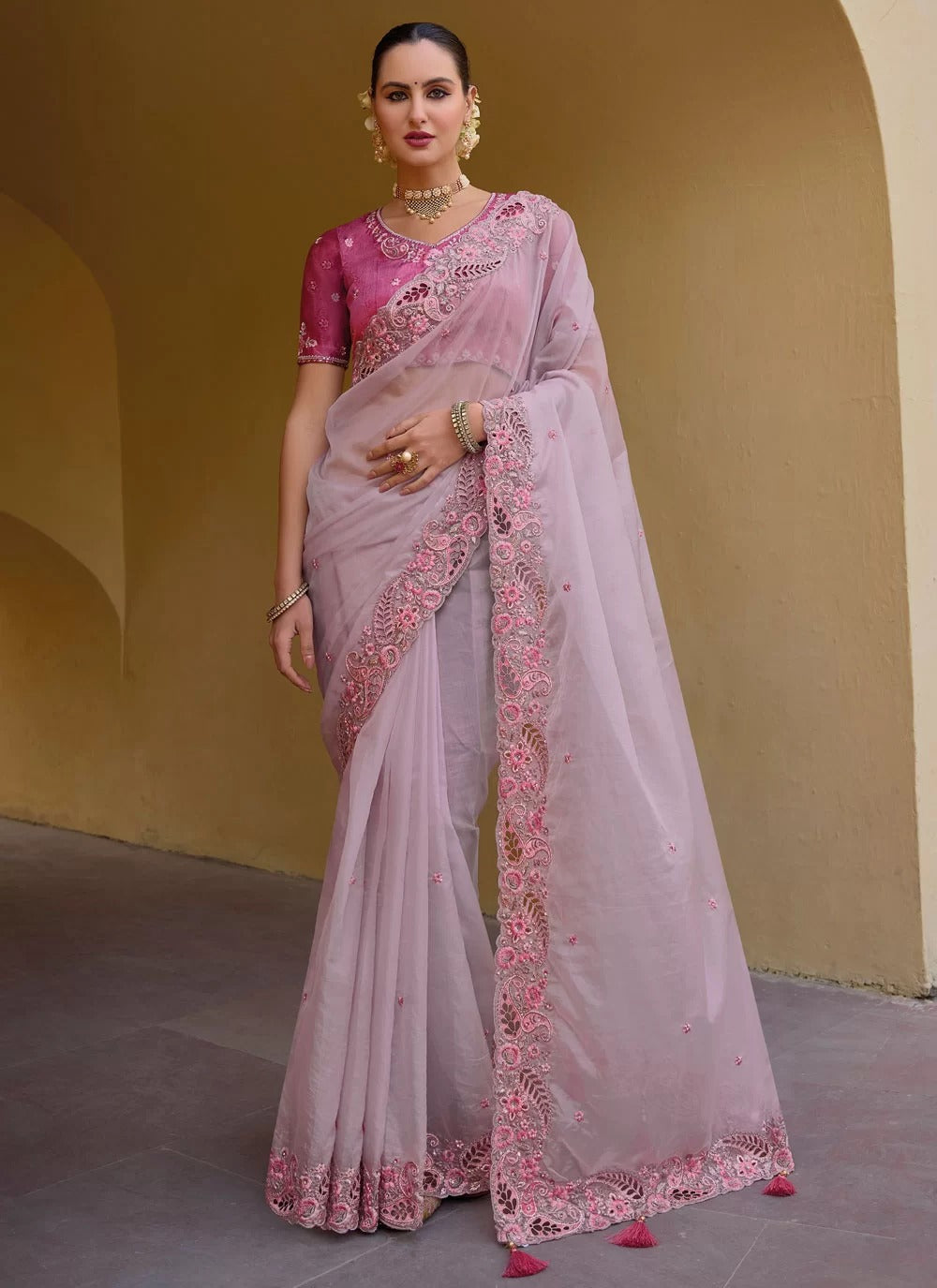 Lavender fancy organza silk saree with stone embroidery cutwork border