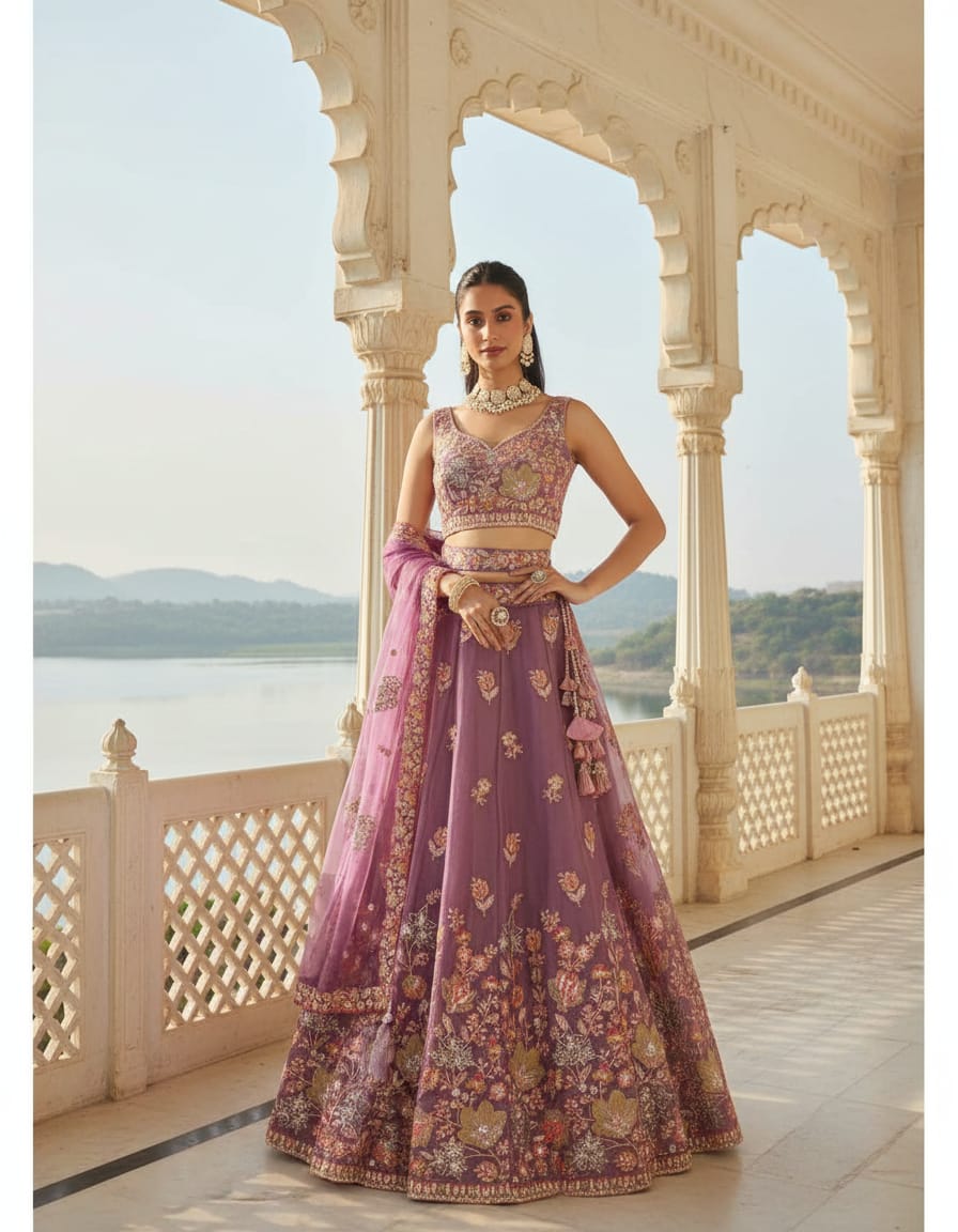 Lavender Fandy Embroidered Lehenga Choli with Net Dupatta