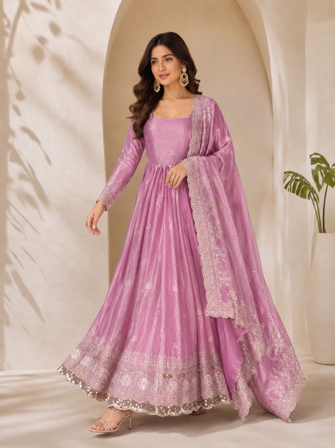Lavender Fandy Satin Anarkali Gown