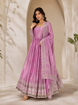Lavender Fandy Satin Anarkali Gown
