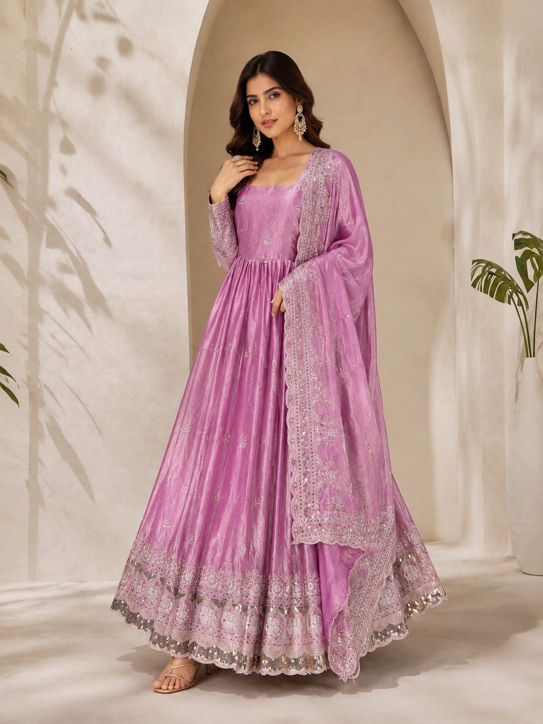 Lavender Fandy Satin Anarkali Gown