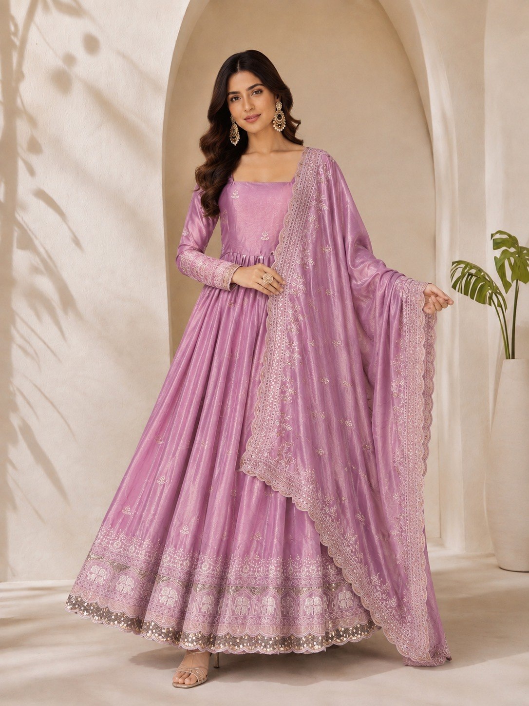 Lavender Fandy Satin Anarkali Gown