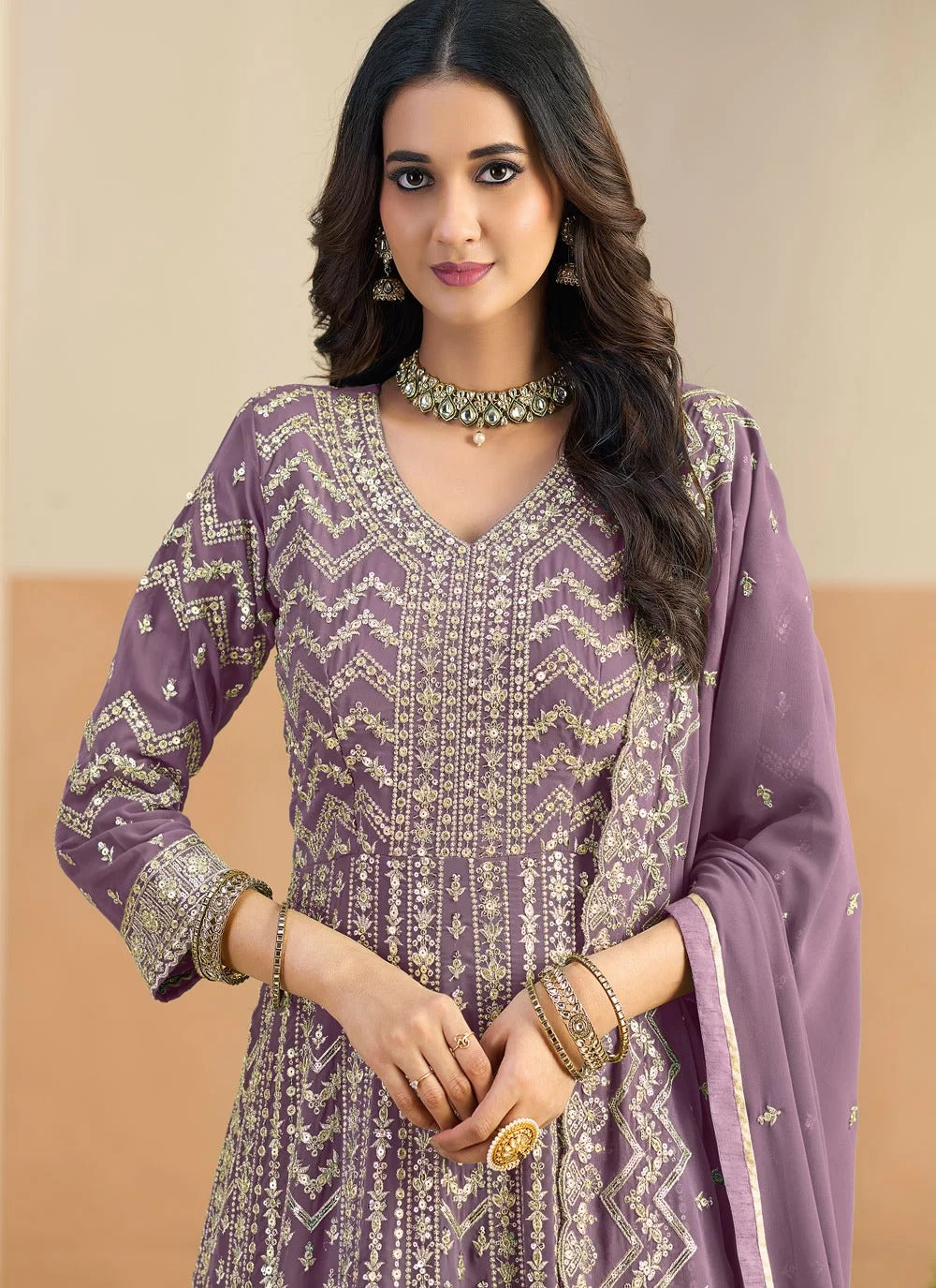 Elegant lavender faux georgette anarkali suit with dual side embroidery