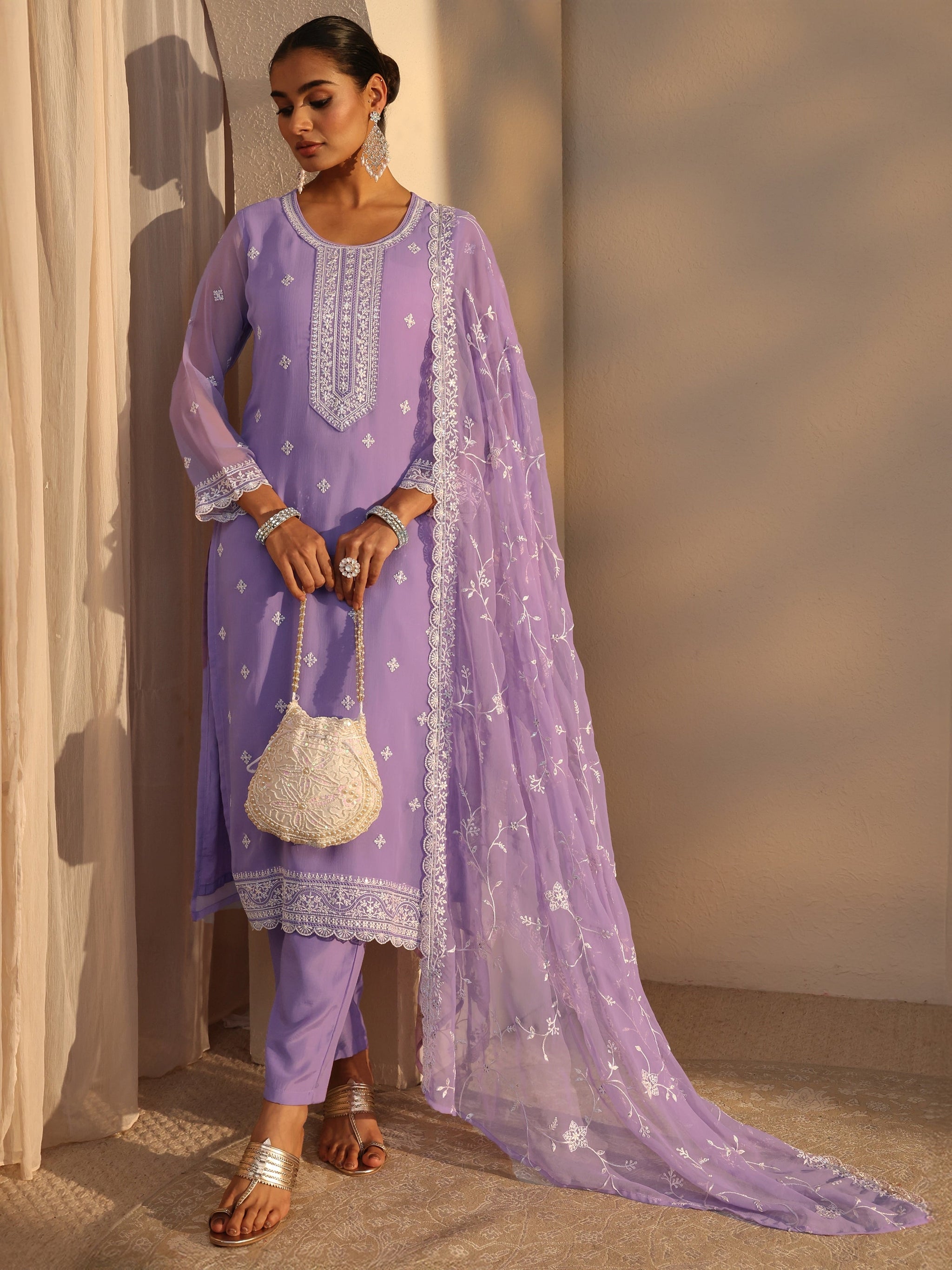 Libas Lavender Floral Embroidered Silk Chiffon Straight Suit Set With Dupatta