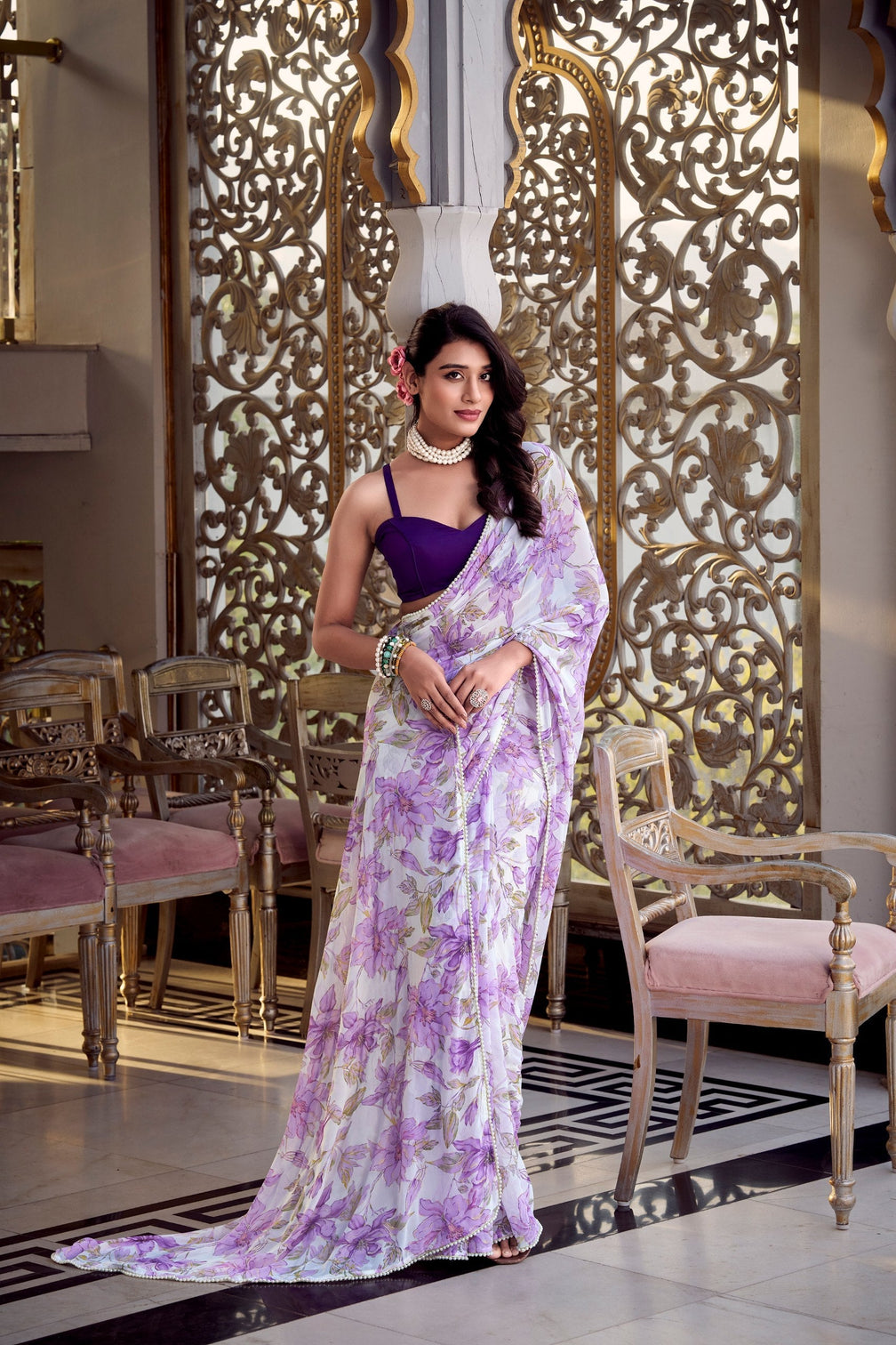 Lavender Floral Print Weightless Marble Saree with Pearl Lace Border & Moonga Silk Blouse