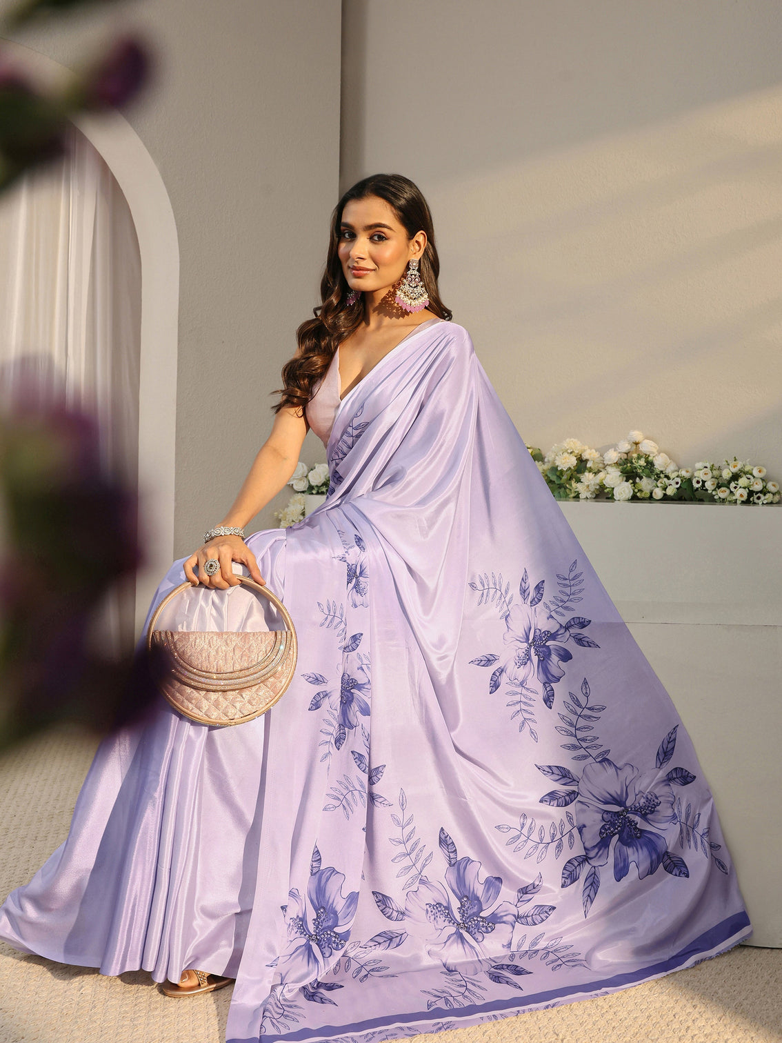 Mameraa Lavender Floral Printed Satin Saree With Unstitched Blouse Piece