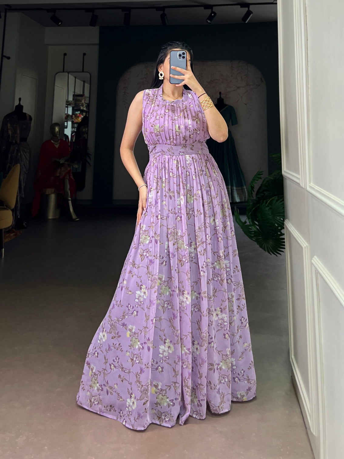 Lavender Floral Printed Weightless Marbal Long Dress with 3.40 Meter Flair, Silk Lining & Drawstring Zip Closure – Fully Stitched Party & Casual Wear