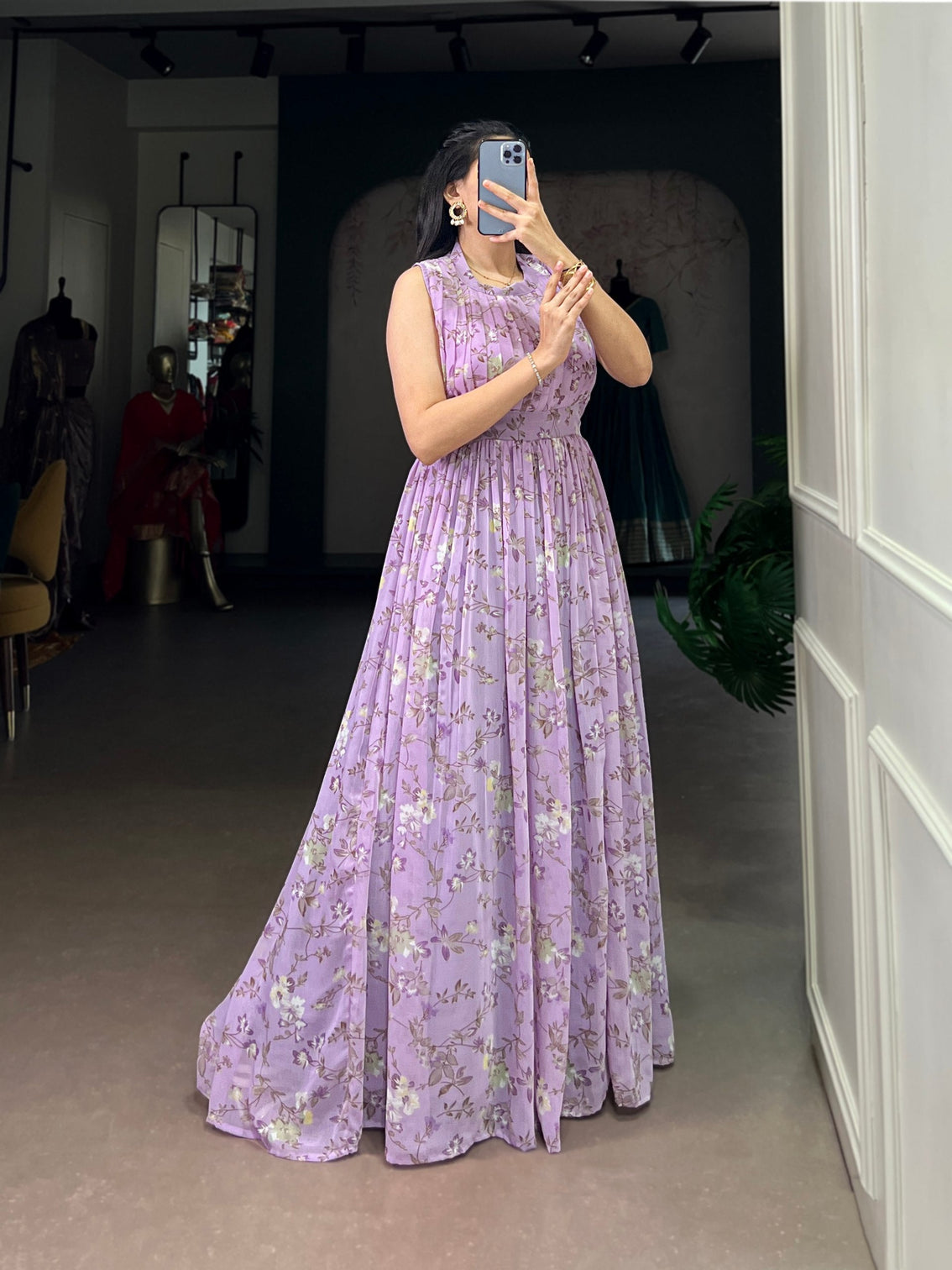 Lavender Floral Printed Weightless Marbal Long Dress with 3.40 Meter Flair, Silk Lining & Drawstring Zip Closure – Fully Stitched Party & Casual Wear