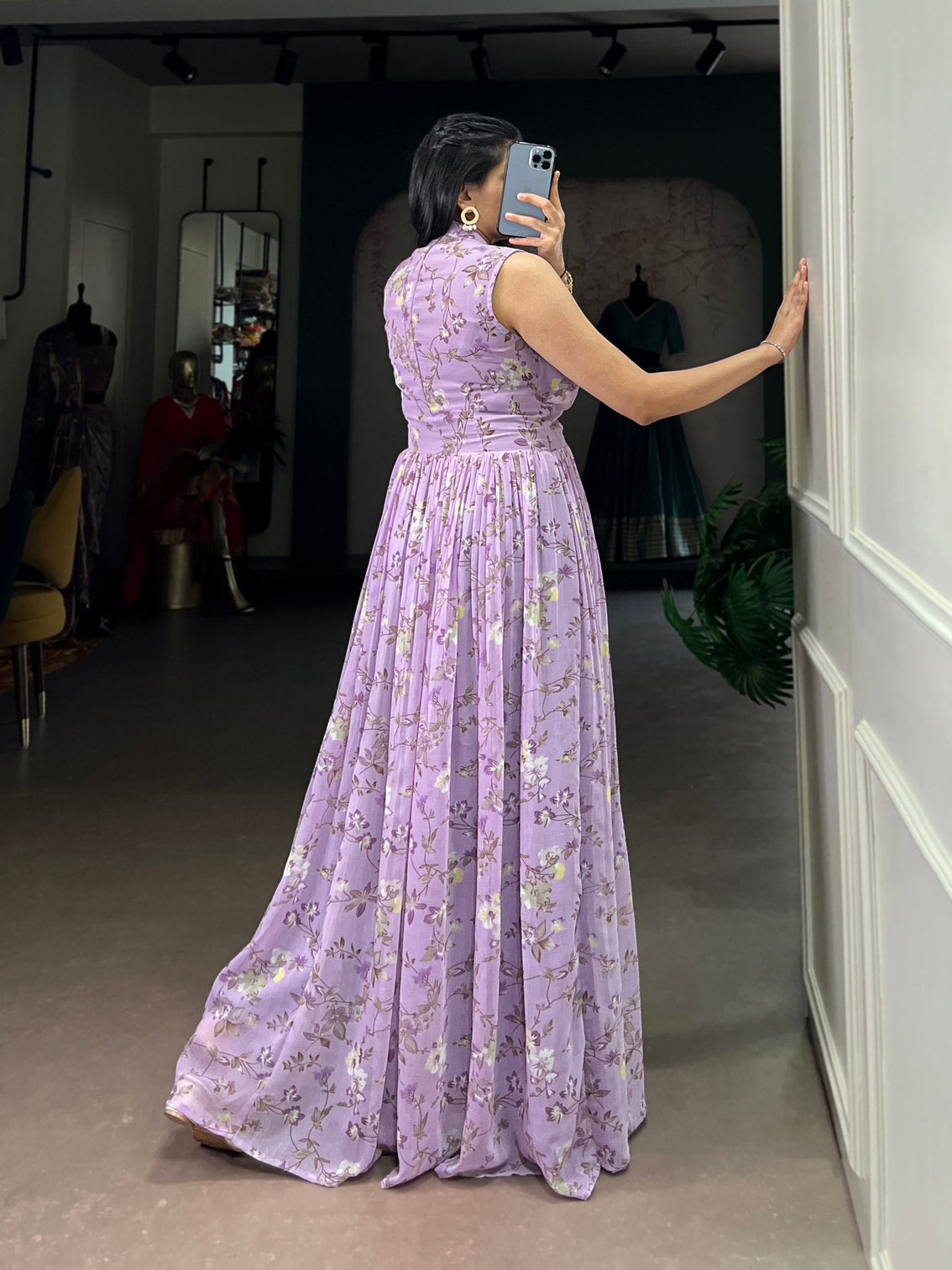 Lavender Floral Printed Weightless Marbal Long Dress with 3.40 Meter Flair, Silk Lining & Drawstring Zip Closure – Fully Stitched Party & Casual Wear