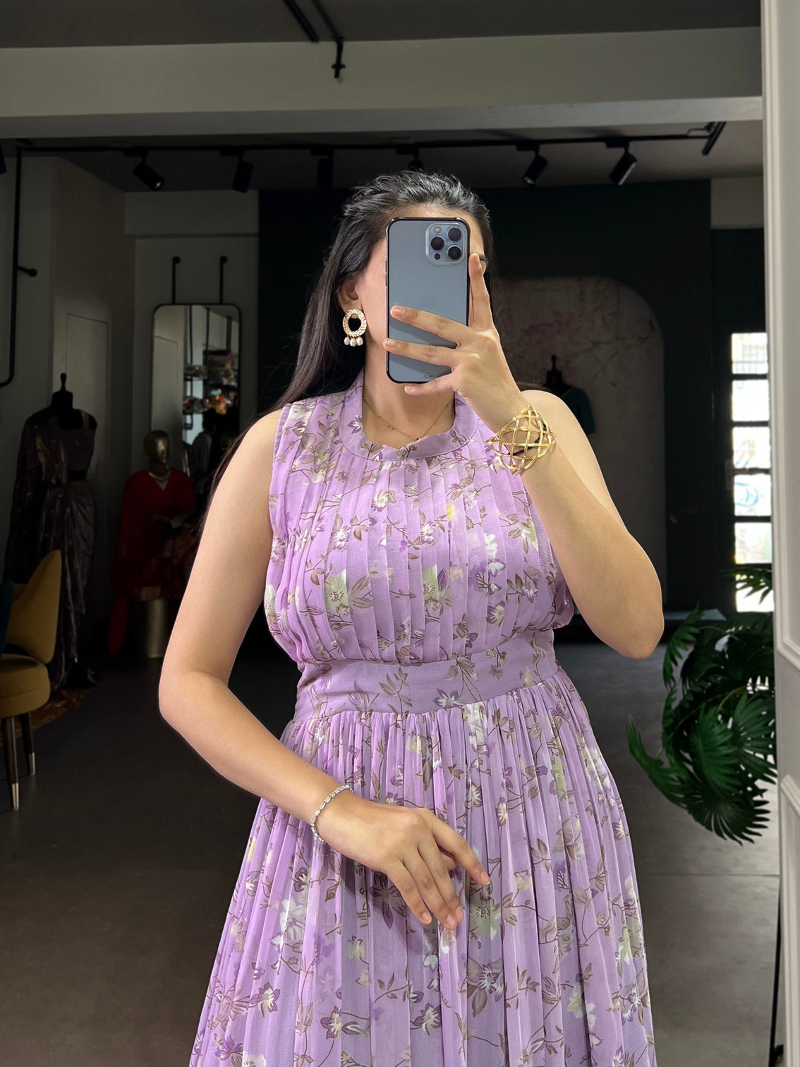 Lavender Floral Printed Weightless Marbal Long Dress with 3.40 Meter Flair, Silk Lining & Drawstring Zip Closure – Fully Stitched Party & Casual Wear