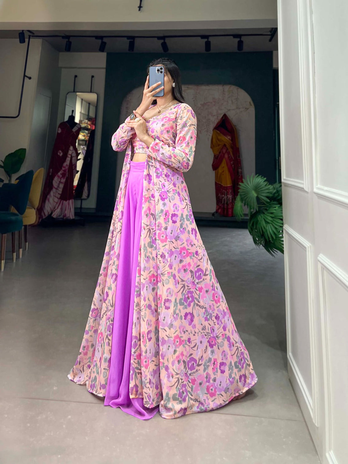 Lavender Georgette Printed Kurta Set with Shrug