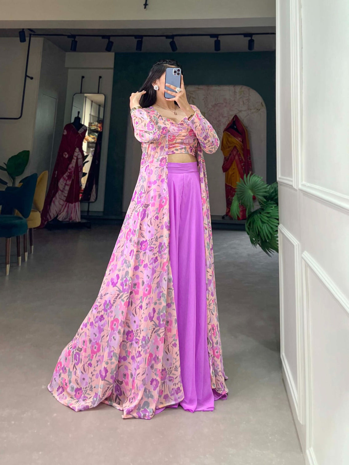 Lavender Georgette Printed Kurta Set with Shrug