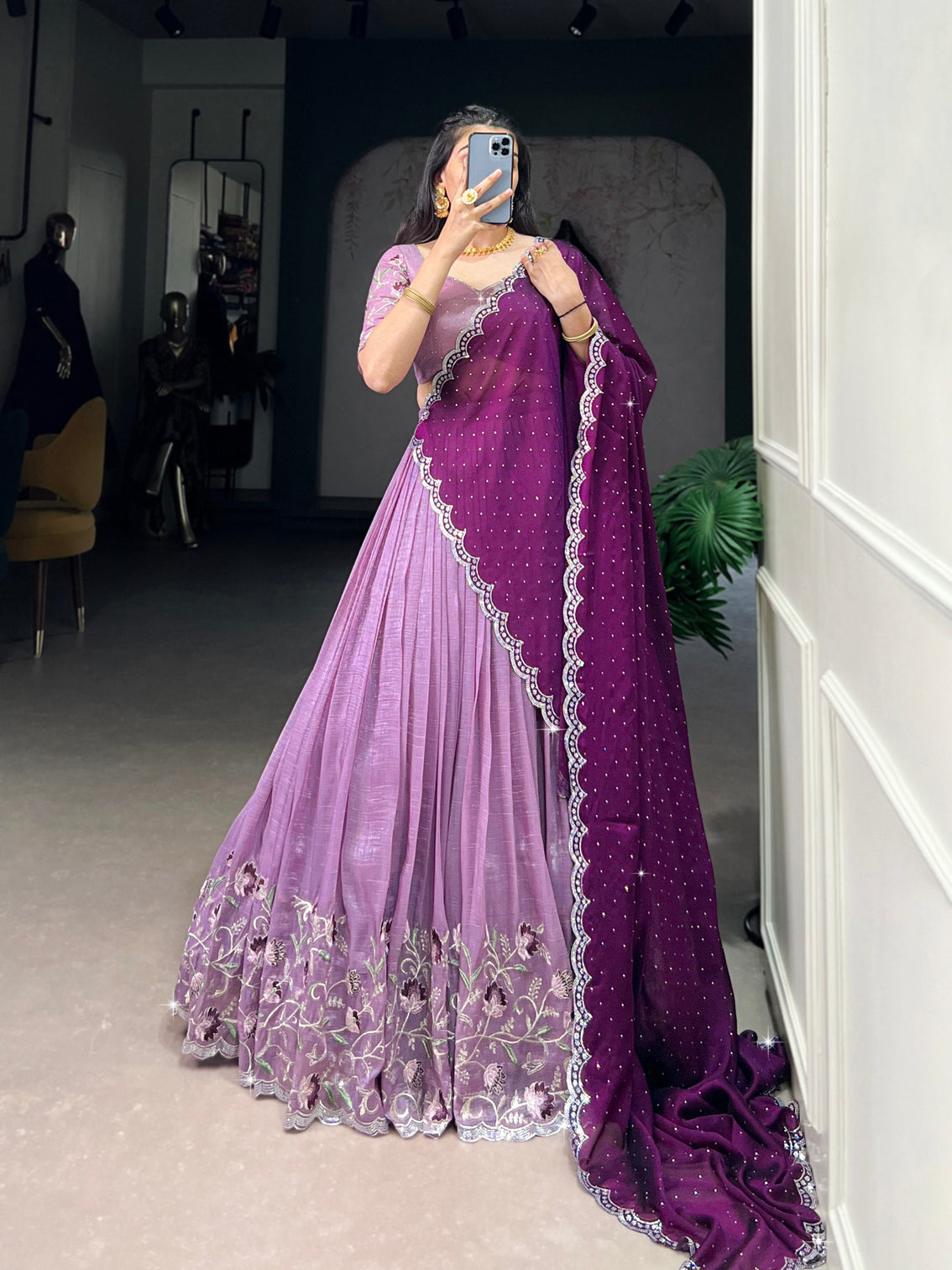 Lavender Glamorous Silver Glossy Embroidered Lehenga Set with Hotfix Detailing