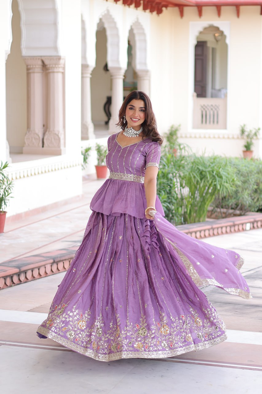 Lavender Gold Crush Multi-Thread Embroidered Lehenga Choli Set with Sequins, Peplum Blouse & Designer Lace Dupatta