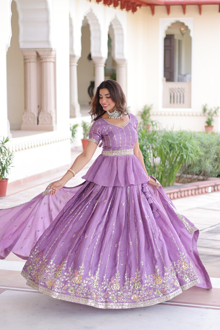 Lavender Gold Crush Multi-Thread Embroidered Lehenga Choli Set with Sequins, Peplum Blouse & Designer Lace Dupatta