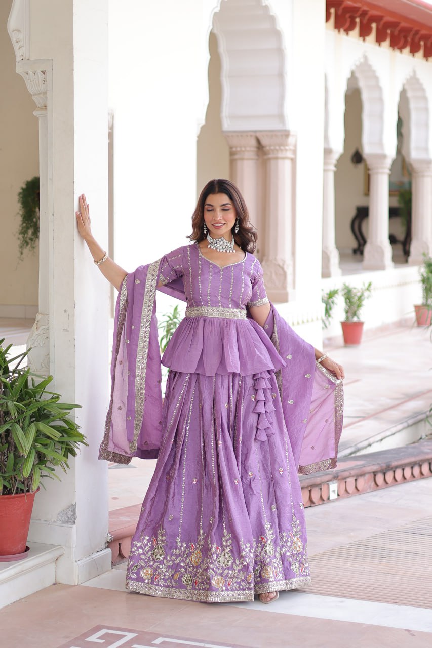 Lavender Gold Crush Multi-Thread Embroidered Lehenga Choli Set with Sequins, Peplum Blouse & Designer Lace Dupatta