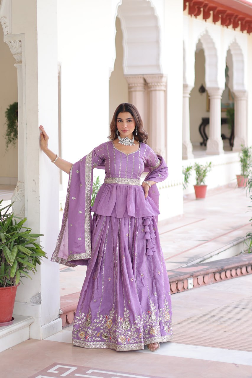 Lavender Gold Crush Multi-Thread Embroidered Lehenga Choli Set with Sequins, Peplum Blouse & Designer Lace Dupatta