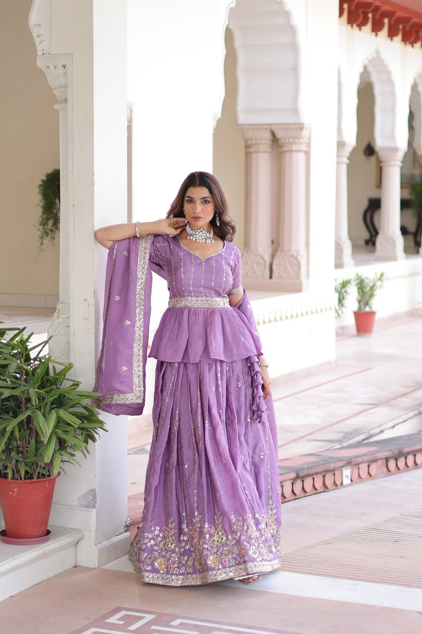 Lavender Gold Crush Multi-Thread Embroidered Lehenga Choli Set with Sequins, Peplum Blouse & Designer Lace Dupatta