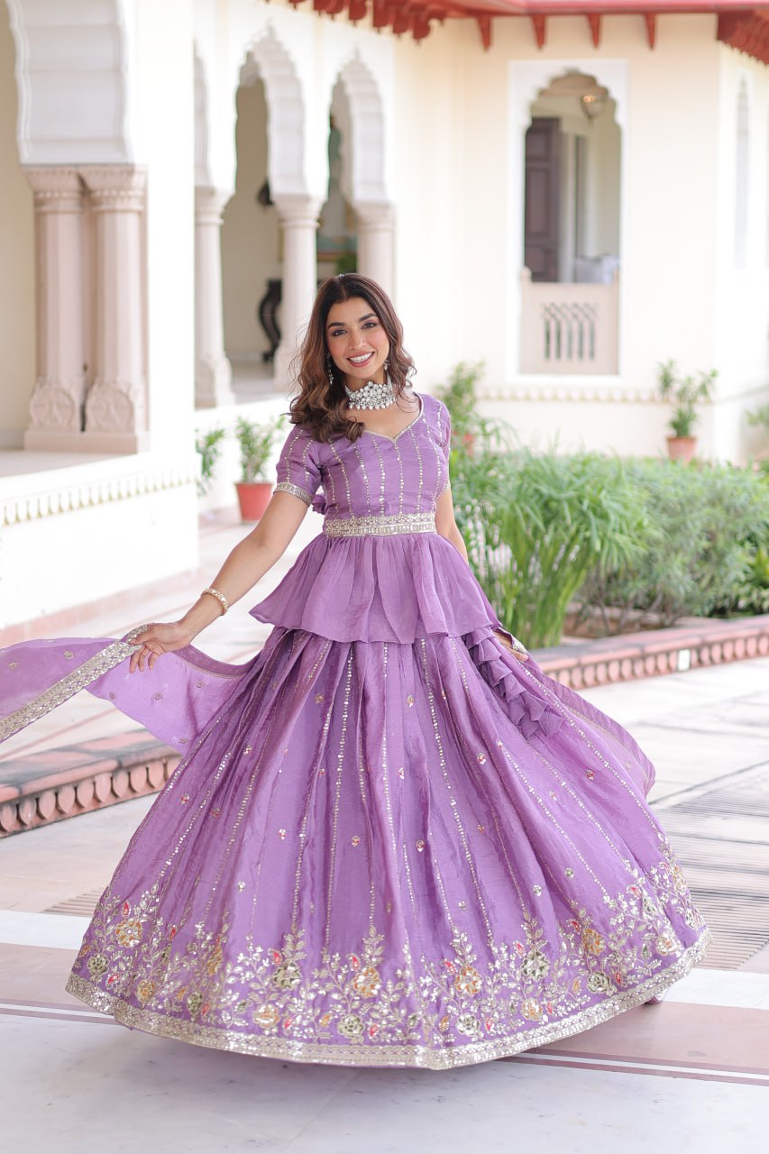 Lavender Gold Crush Multi-Thread Embroidered Lehenga Choli Set with Sequins, Peplum Blouse & Designer Lace Dupatta