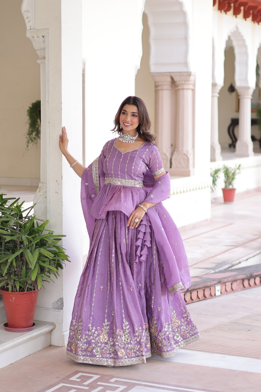 Lavender Gold Crush Multi-Thread Embroidered Lehenga Choli Set with Sequins, Peplum Blouse & Designer Lace Dupatta