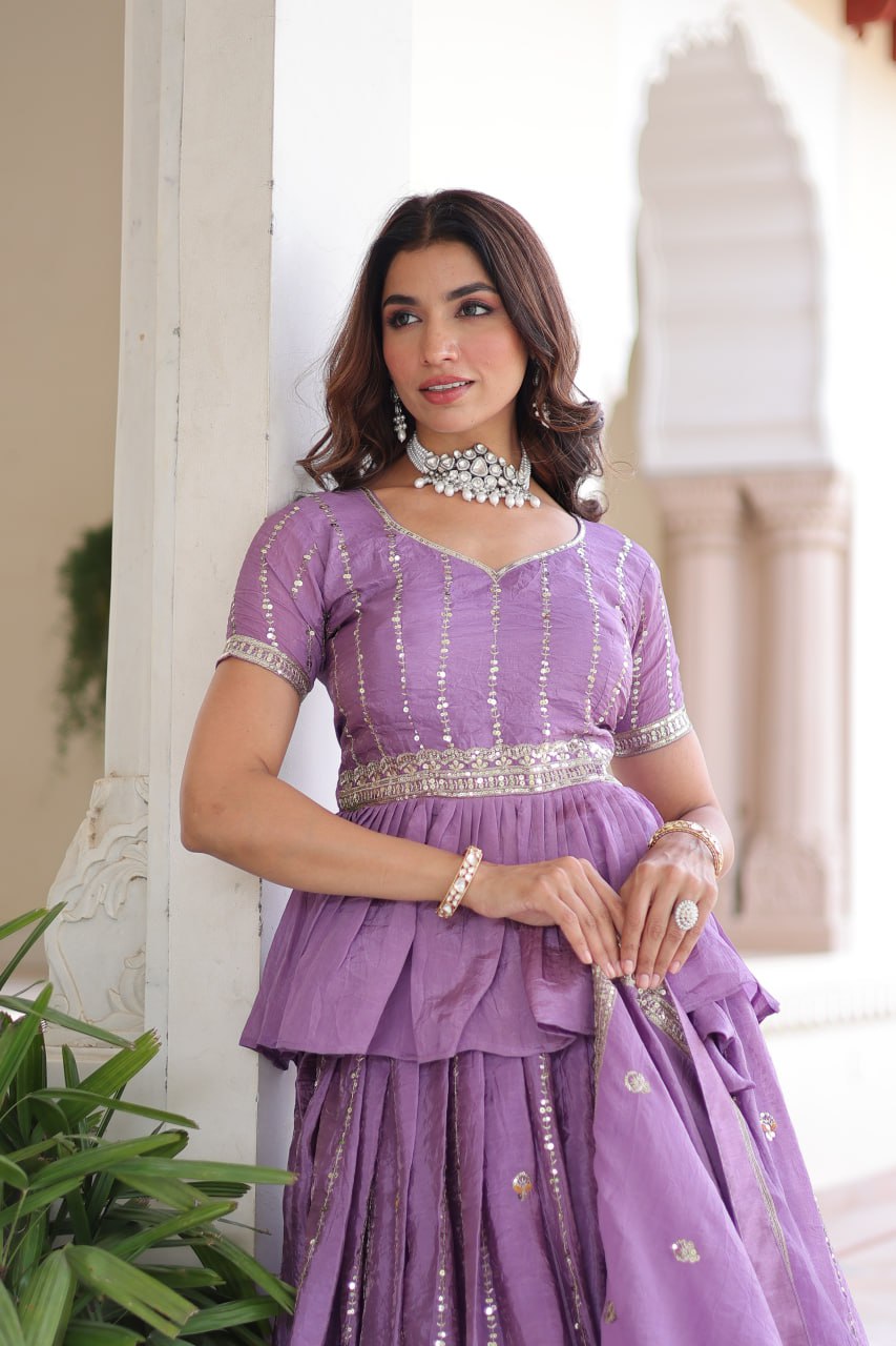Lavender Gold Crush Multi-Thread Embroidered Lehenga Choli Set with Sequins, Peplum Blouse & Designer Lace Dupatta