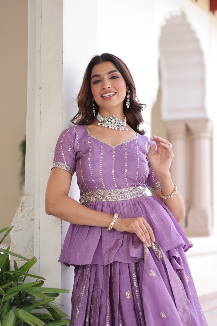 Lavender Gold Crush Multi-Thread Embroidered Lehenga Choli Set with Sequins, Peplum Blouse & Designer Lace Dupatta