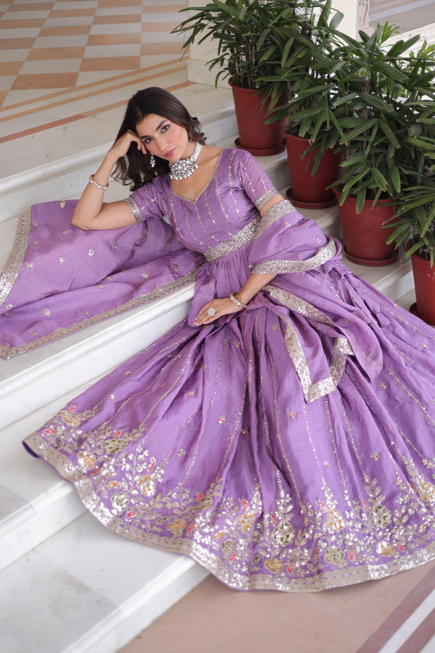 Lavender Gold Crush Multi-Thread Embroidered Lehenga Choli Set with Sequins, Peplum Blouse & Designer Lace Dupatta