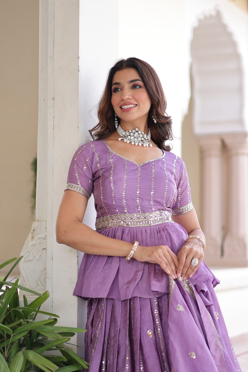 Lavender Gold Crush Multi-Thread Embroidered Lehenga Choli Set with Sequins, Peplum Blouse & Designer Lace Dupatta