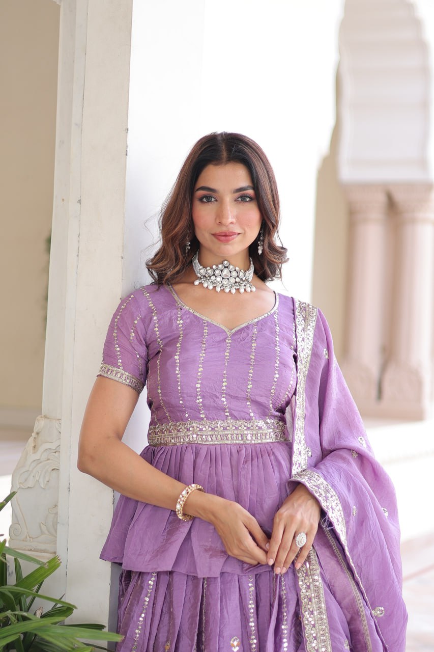 Lavender Gold Crush Multi-Thread Embroidered Lehenga Choli Set with Sequins, Peplum Blouse & Designer Lace Dupatta