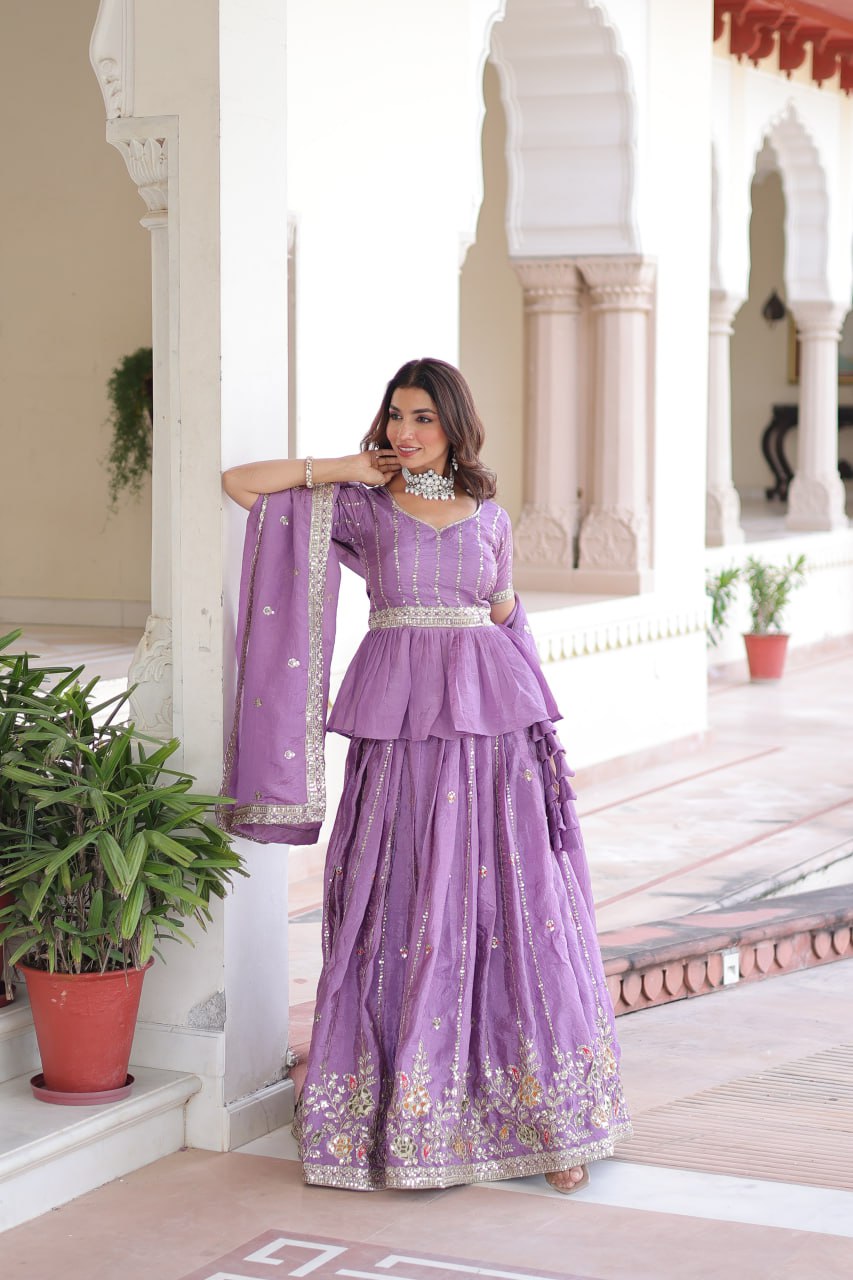 Lavender Gold Crush Multi-Thread Embroidered Lehenga Choli Set with Sequins, Peplum Blouse & Designer Lace Dupatta