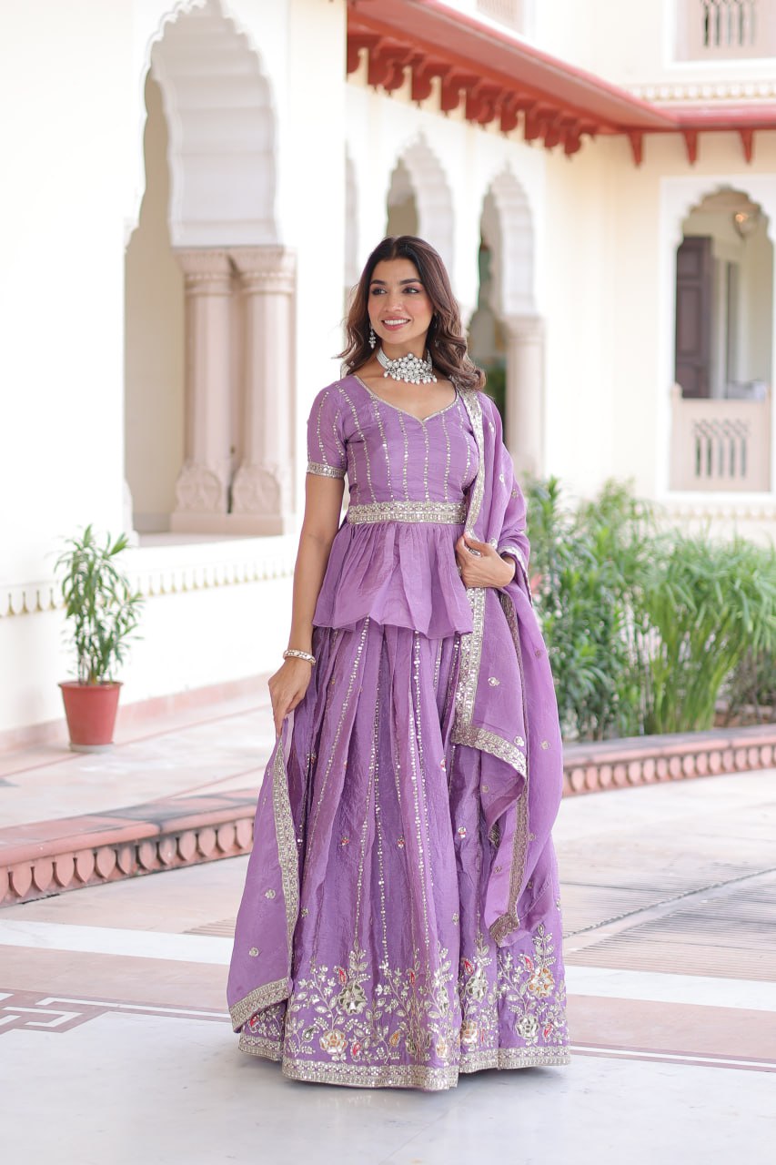 Lavender Gold Crush Multi-Thread Embroidered Lehenga Choli Set with Sequins, Peplum Blouse & Designer Lace Dupatta