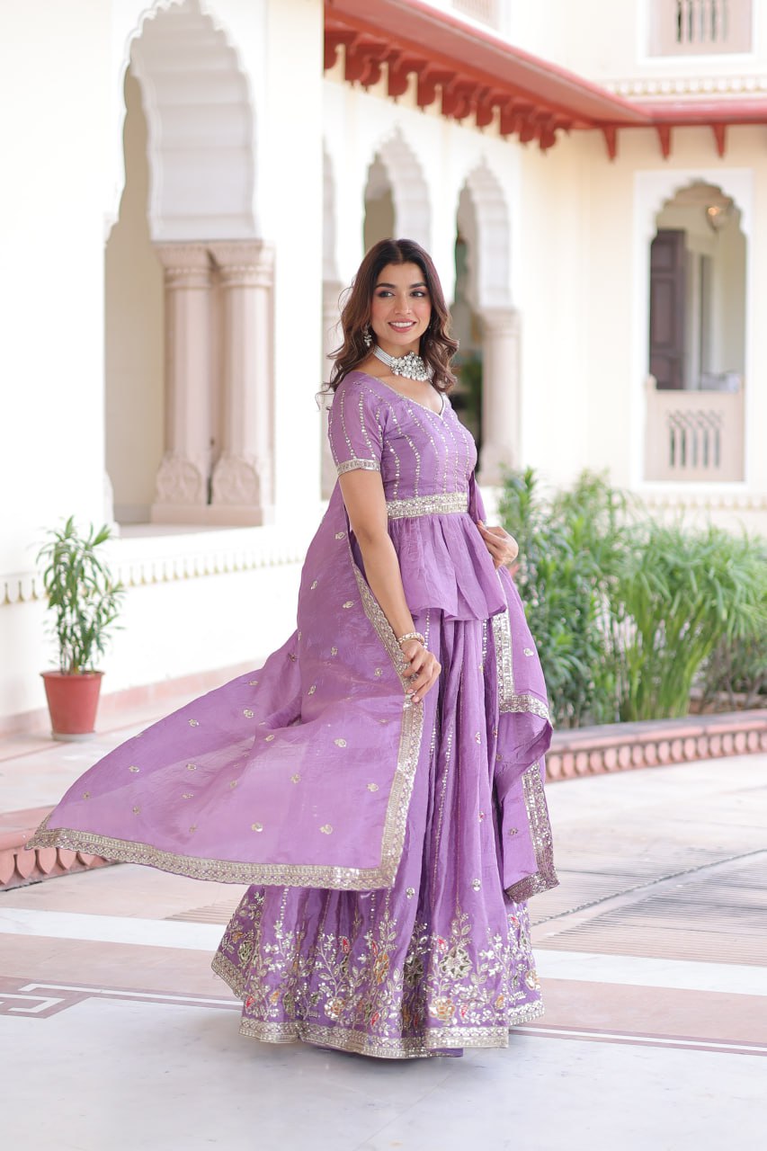 Lavender Gold Crush Multi-Thread Embroidered Lehenga Choli Set with Sequins, Peplum Blouse & Designer Lace Dupatta