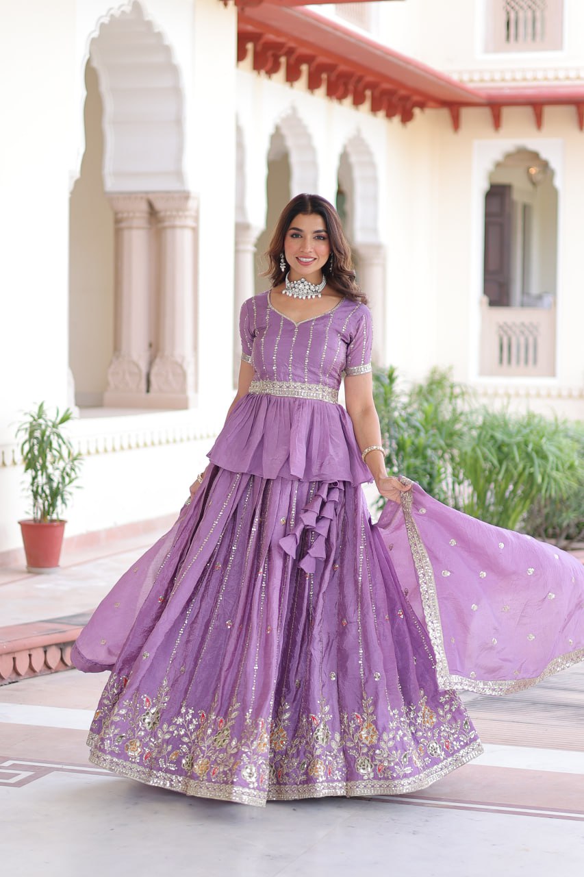 Lavender Gold Crush Multi-Thread Embroidered Lehenga Choli Set with Sequins, Peplum Blouse & Designer Lace Dupatta