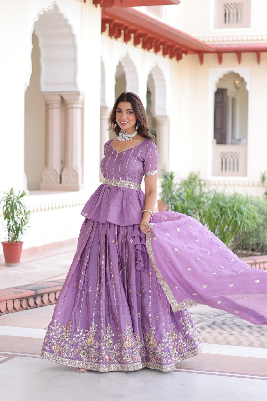 Lavender Gold Crush Multi-Thread Embroidered Lehenga Choli Set with Sequins, Peplum Blouse & Designer Lace Dupatta