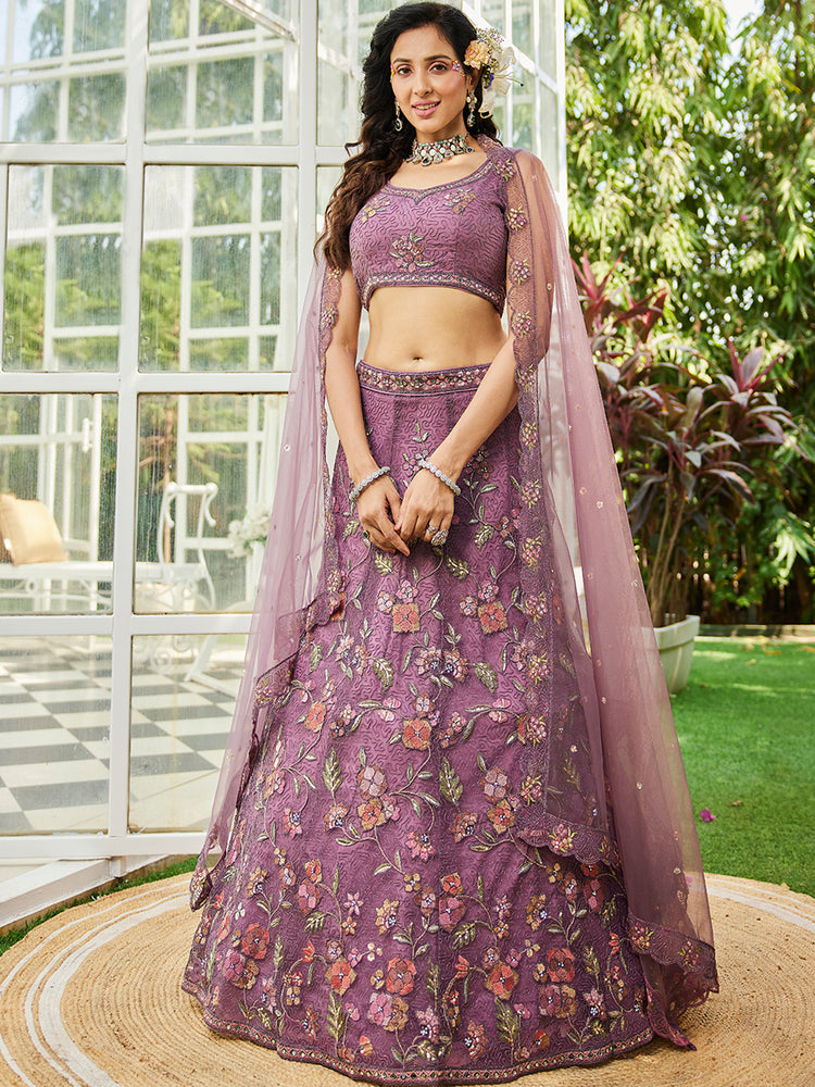 Lavender Gorgeous Net Lehenga Choli Set with Heavy Sequins and Thread Embroidery