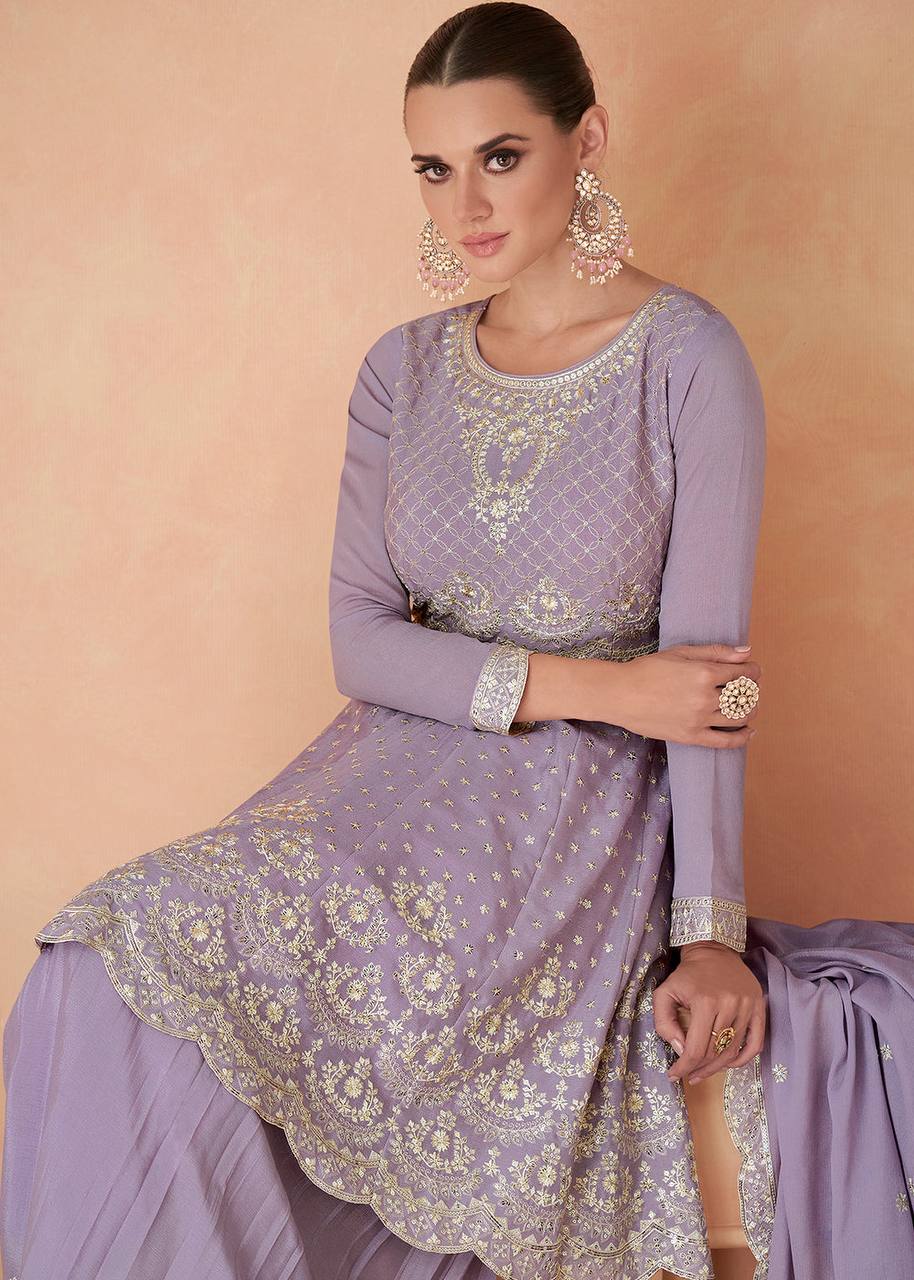 Lavender Graceful Embroidered Chinon Top & Plazo Set with Dupatta