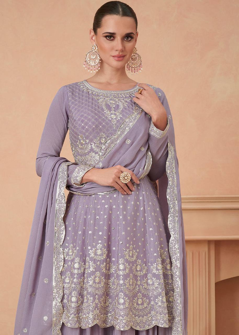 Lavender Graceful Embroidered Chinon Top & Plazo Set with Dupatta