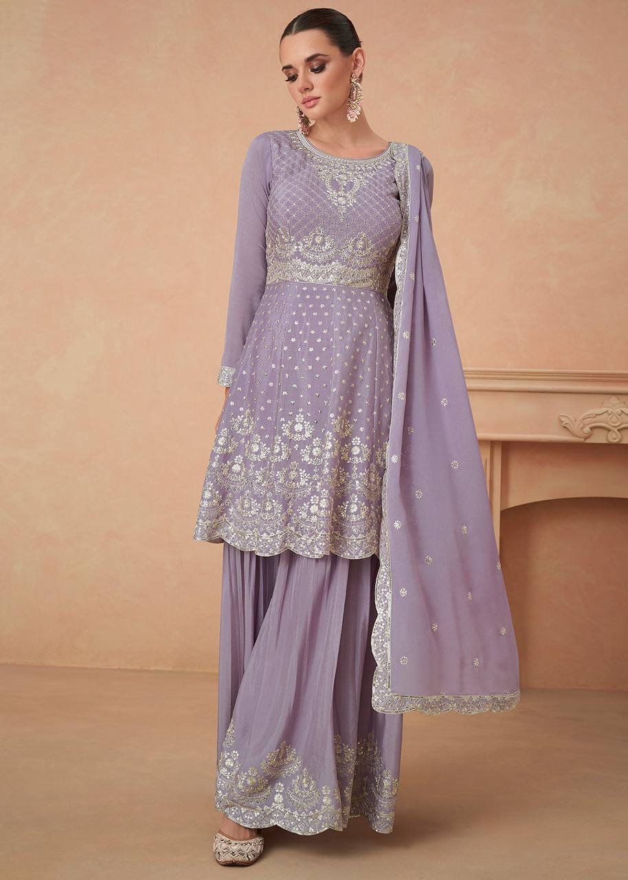 Lavender Graceful Embroidered Chinon Top & Plazo Set with Dupatta