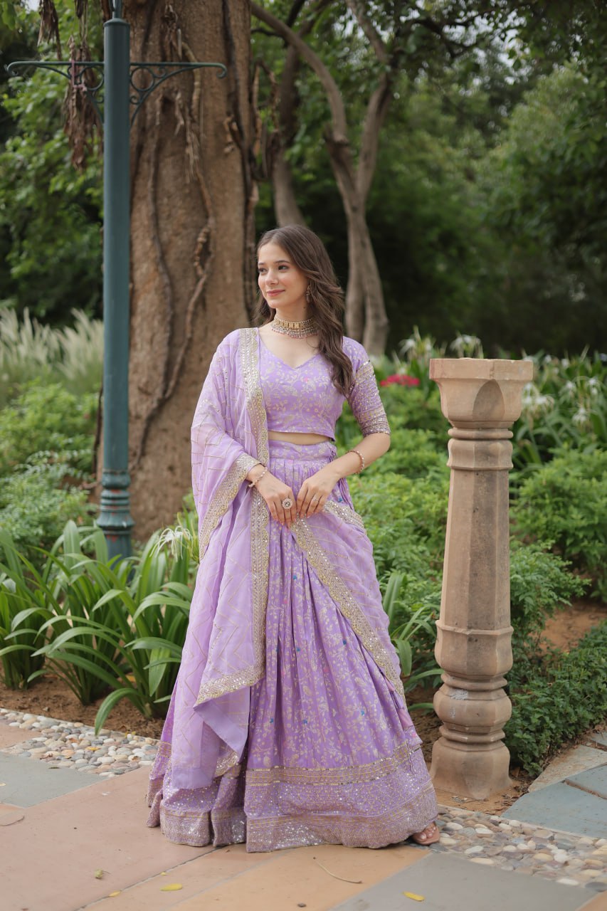 Elegant Lavender Jacquard Lehenga Choli with Sequins Embroidery