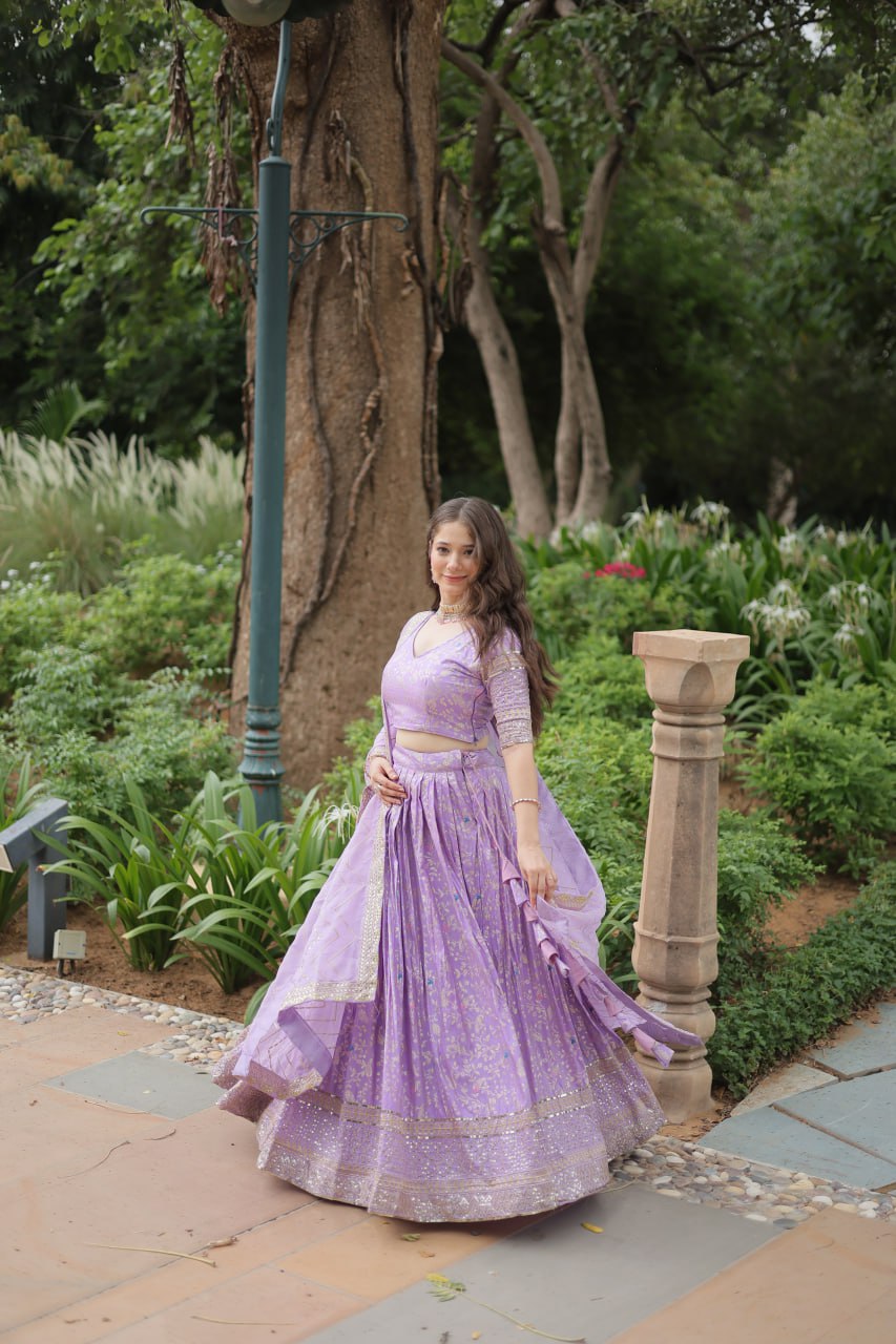 Elegant Lavender Jacquard Lehenga Choli with Sequins Embroidery