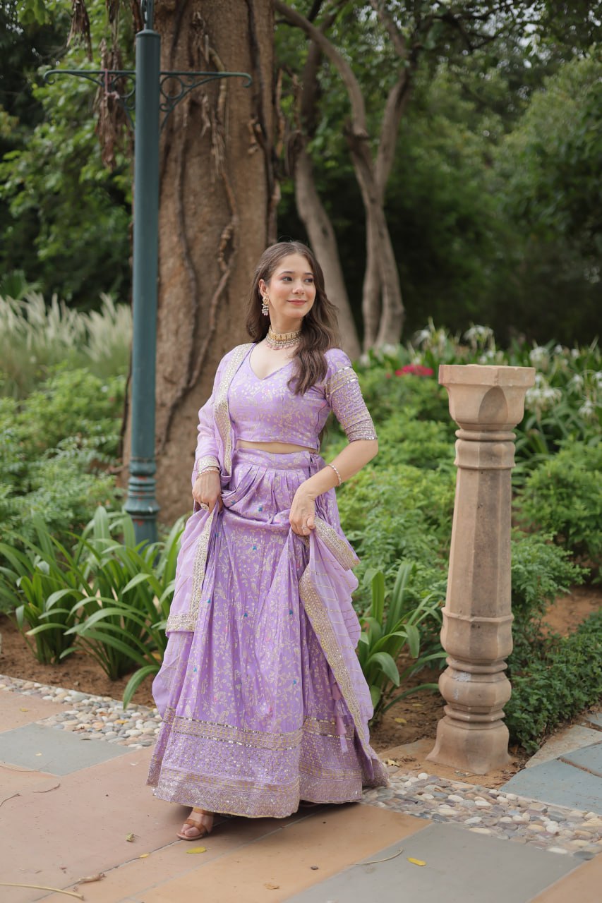 Elegant Lavender Jacquard Lehenga Choli with Sequins Embroidery