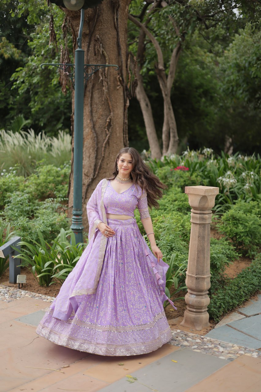Elegant Lavender Jacquard Lehenga Choli with Sequins Embroidery