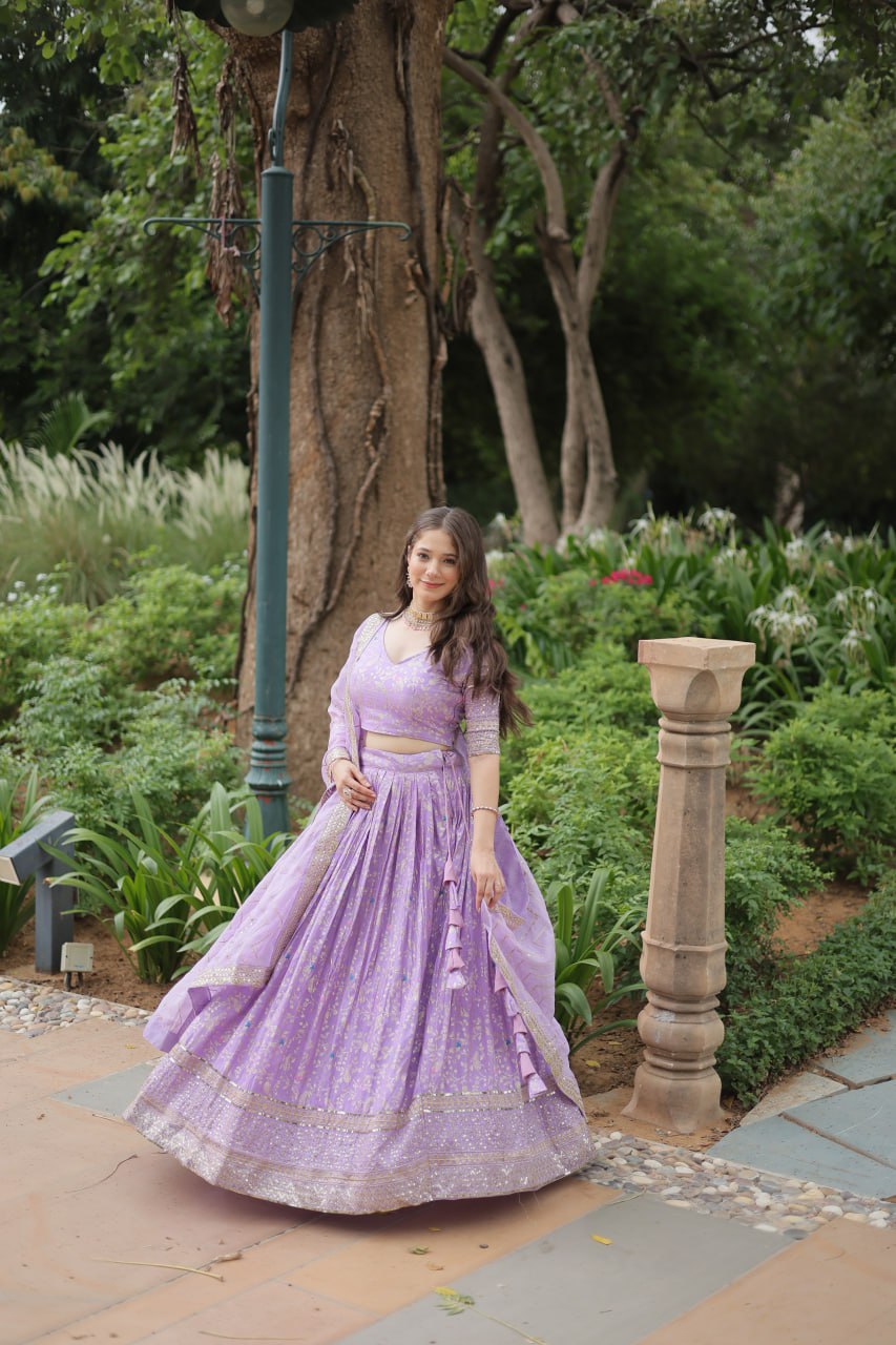 Elegant Lavender Jacquard Lehenga Choli with Sequins Embroidery