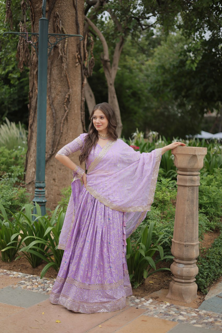 Elegant Lavender Jacquard Lehenga Choli with Sequins Embroidery