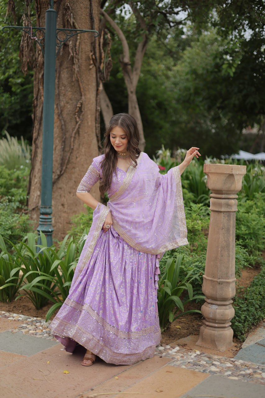 Elegant Lavender Jacquard Lehenga Choli with Sequins Embroidery