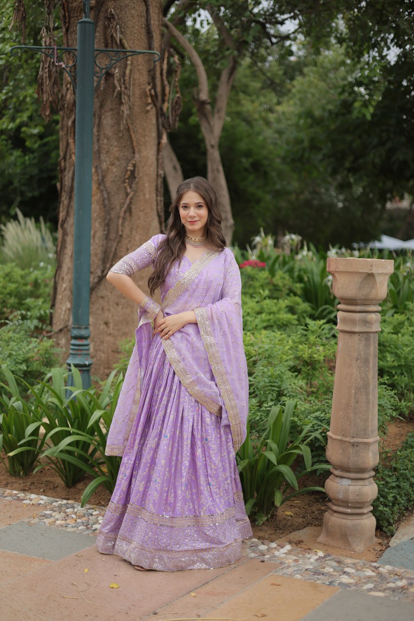 Elegant Lavender Jacquard Lehenga Choli with Sequins Embroidery
