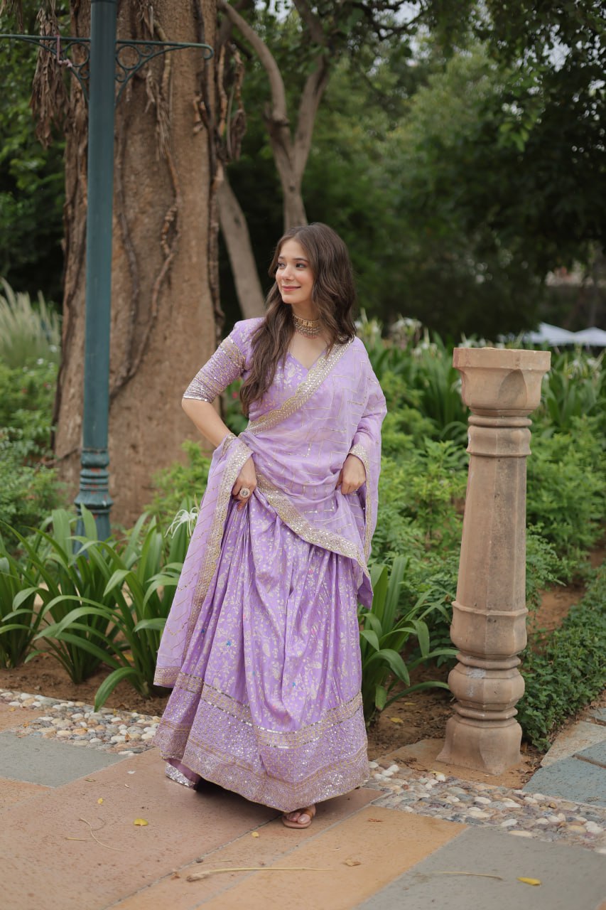Elegant Lavender Jacquard Lehenga Choli with Sequins Embroidery